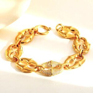 GOLD DIPPED DOUBLE ROUND AND OVAL CHUNKY UPSCALE STATEMENT BRACELET